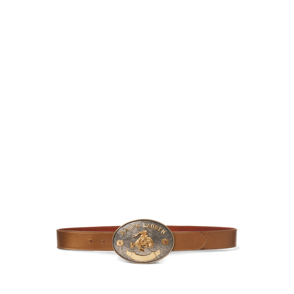 Gold Bronze Rodeo-Buckle Metallic Calfskin Wide Belt Ralph Lauren Collection 1