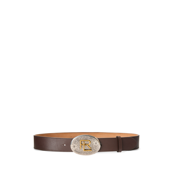 RL Tooled-Buckle Calfskin Wide Belt