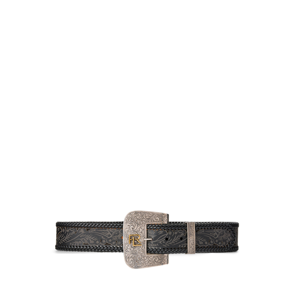 Black Tooled-Buckle Calf-Suede & Calfskin Belt Ralph Lauren Collection 1