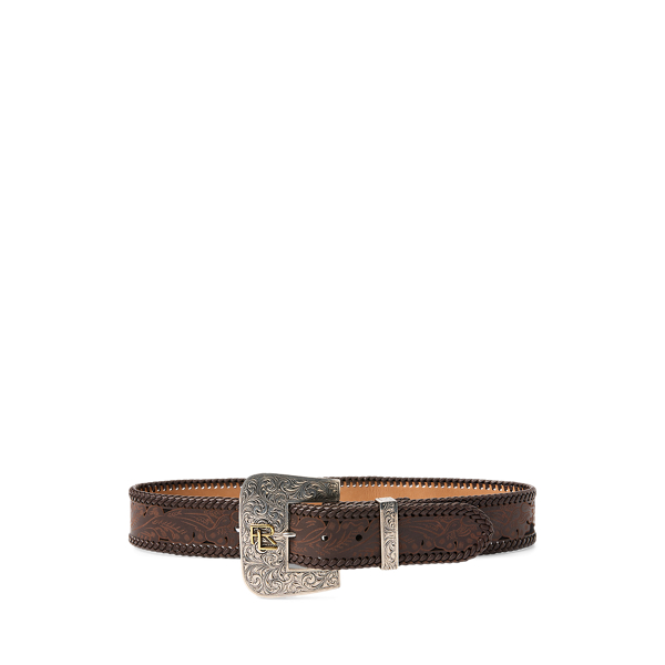 Tooled-Buckle Calf-Suede & Calfskin Belt