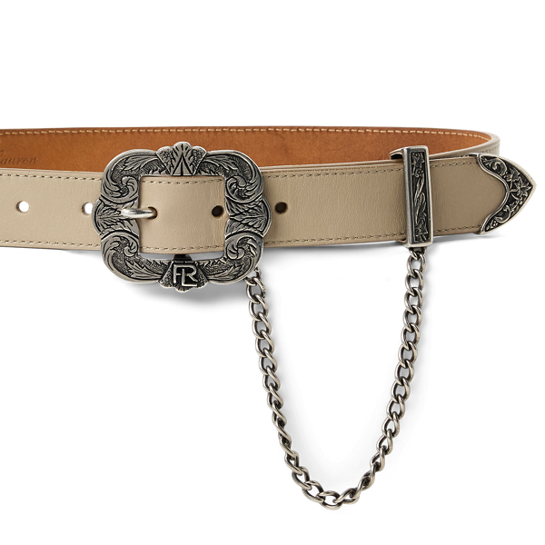 Tooled Buckle Chain Trim Calfskin Belt for Women Ralph Lauren UK