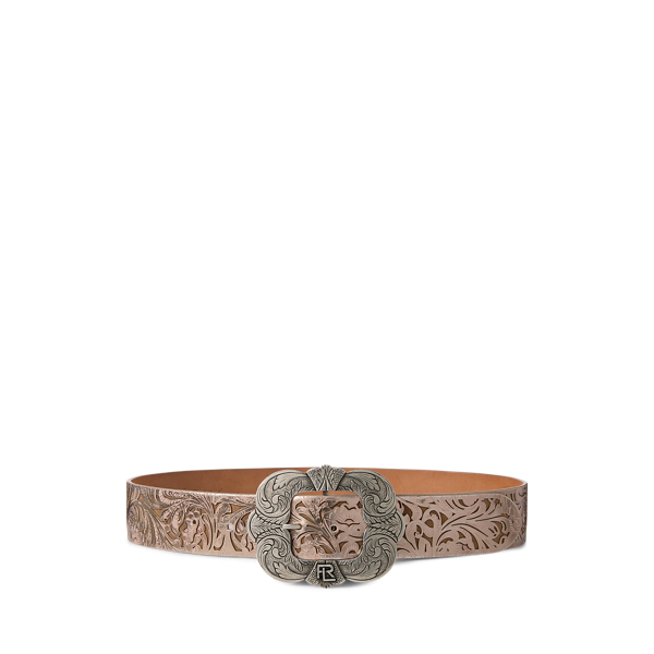 Tooled-Buckle Calf-Suede & Calfskin Belt