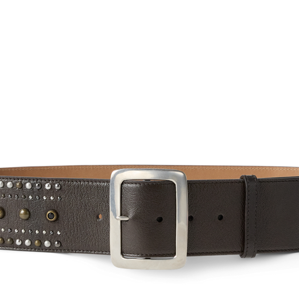 Square Buckle Studded Leather Wide Belt