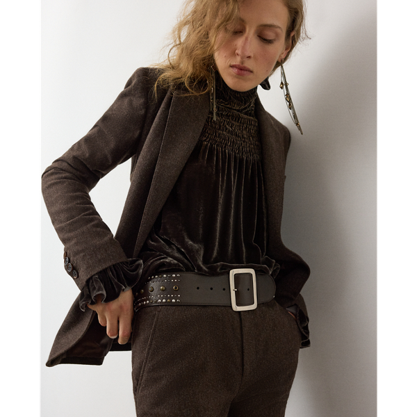 Square Buckle Studded Leather Wide Belt