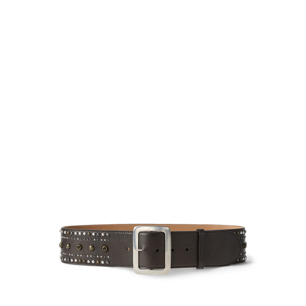Square Buckle Studded Leather Wide Belt