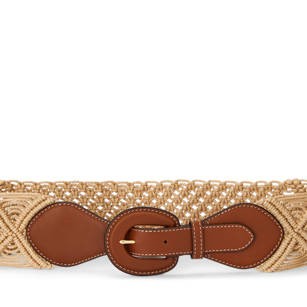 Natural/Lauren Tan Leather-Trim Corded Macram&eacute; Wide Belt Lauren 2