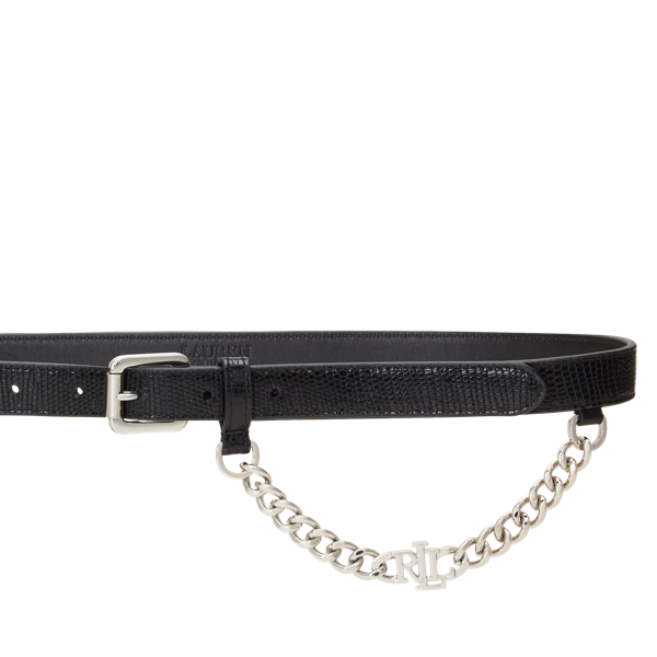 Black Logo-Chain Lizard-Embossed Skinny Belt Lauren 2
