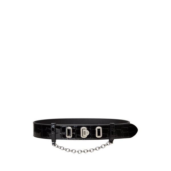 Black Flip-Lock Embossed Leather Wide Belt Lauren 1