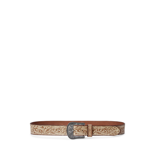 Tan/White Wash Tooled Burnished Leather Belt Lauren 1