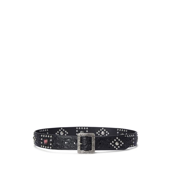 Black Embellished Tooled Leather Wide Belt Lauren 1