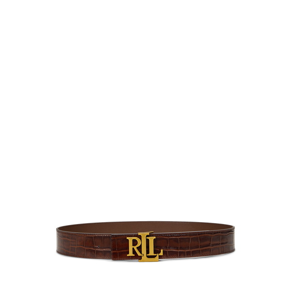 Dark Mahogany Logo Reversible Croc-Embossed Wide Belt Lauren 1