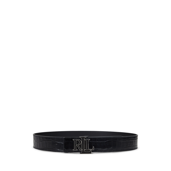 Black Logo Reversible Croc-Embossed Wide Belt Lauren 1