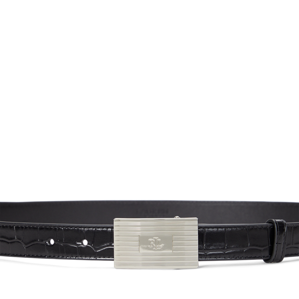 Black Engine-Turned Croc-Embossed Leather Belt Lauren 2