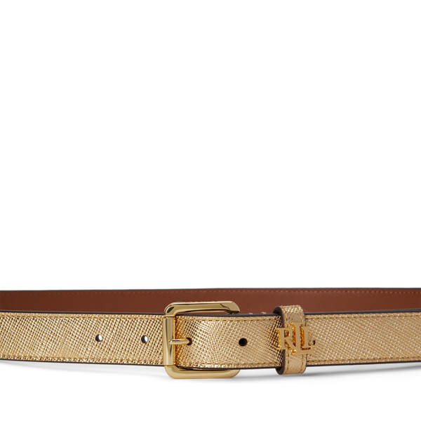 Schmaler Metallic-Lederg&uuml;rtel mit Logo Lauren in Modernes Gold 2