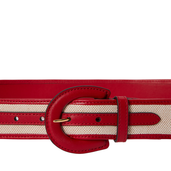Natural/Canvas/Festive Red Crescent-Buckle Canvas-Leather Wide Belt Lauren 2
