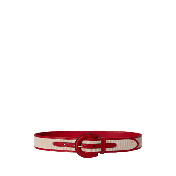 Natural/Canvas/Festive Red Crescent-Buckle Canvas-Leather Wide Belt Lauren 1