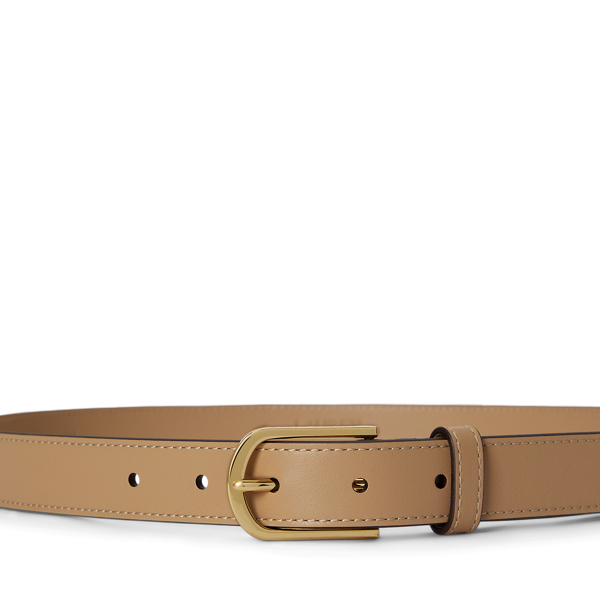 Tan Rounded-Buckle Leather Skinny Belt Lauren 2