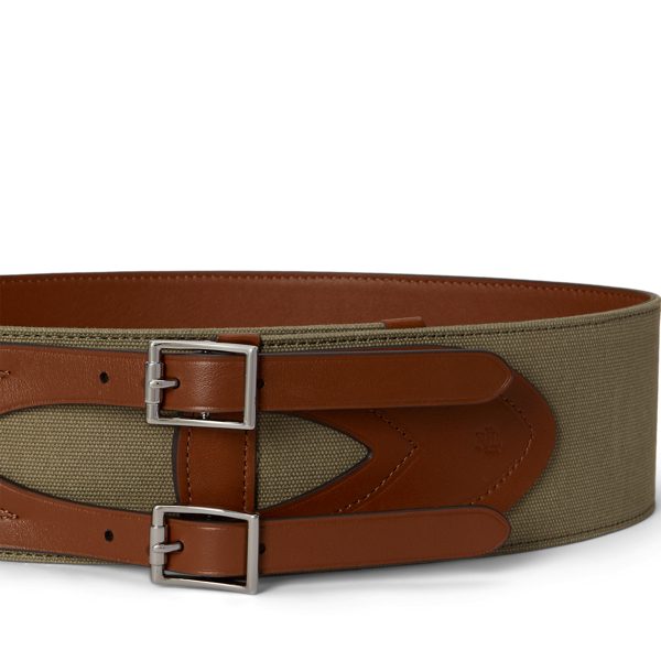 Light Agave/Lauren Tan Canvas & Leather Double-Buckle Wide Belt Lauren 2