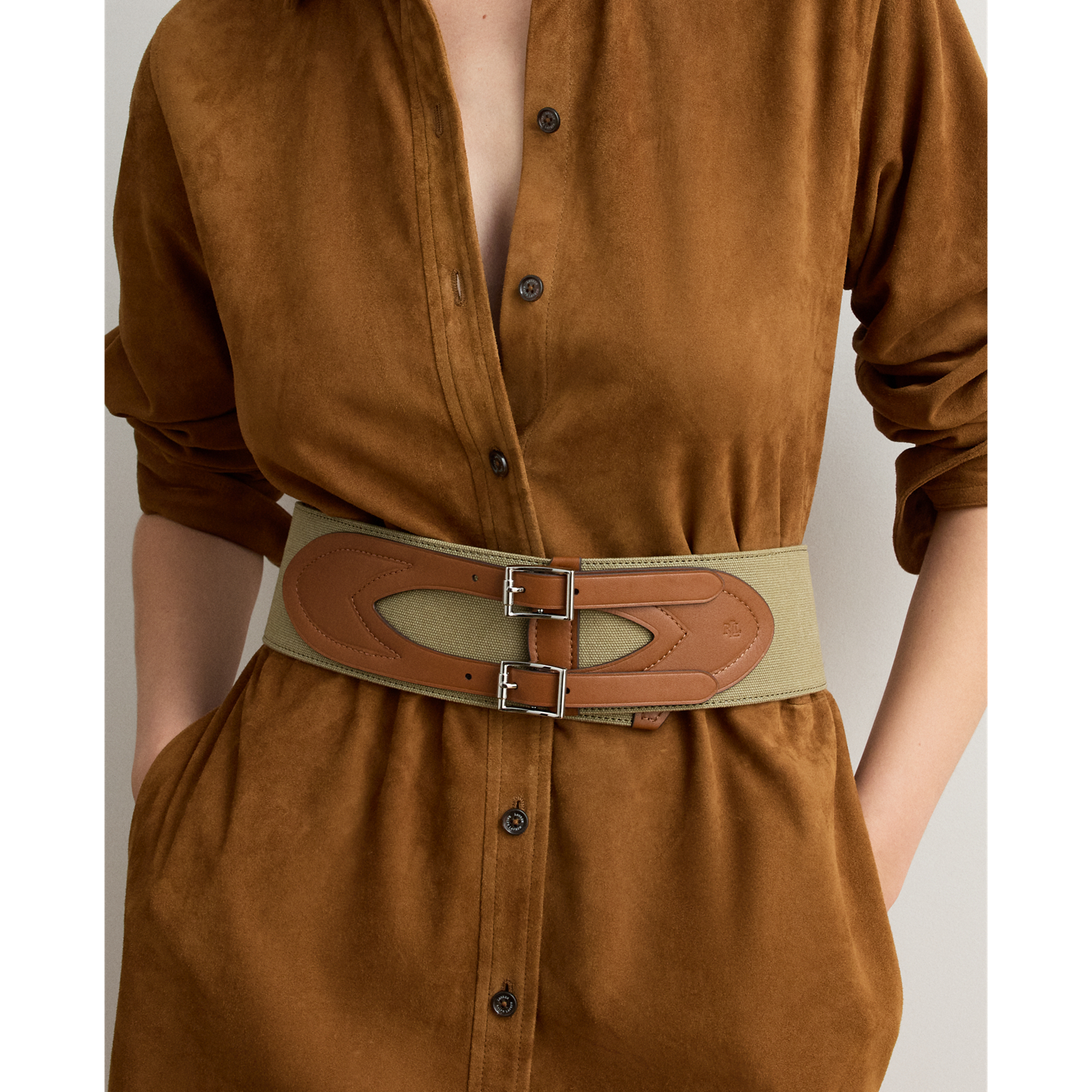 Женский ремень Ralph Lauren Canvas & Leather Double-Buckle Wide, цвет: Рыжевато-коричневый — фото 2