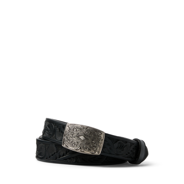 Black Hand-Tooled Leather Belt RRL 1