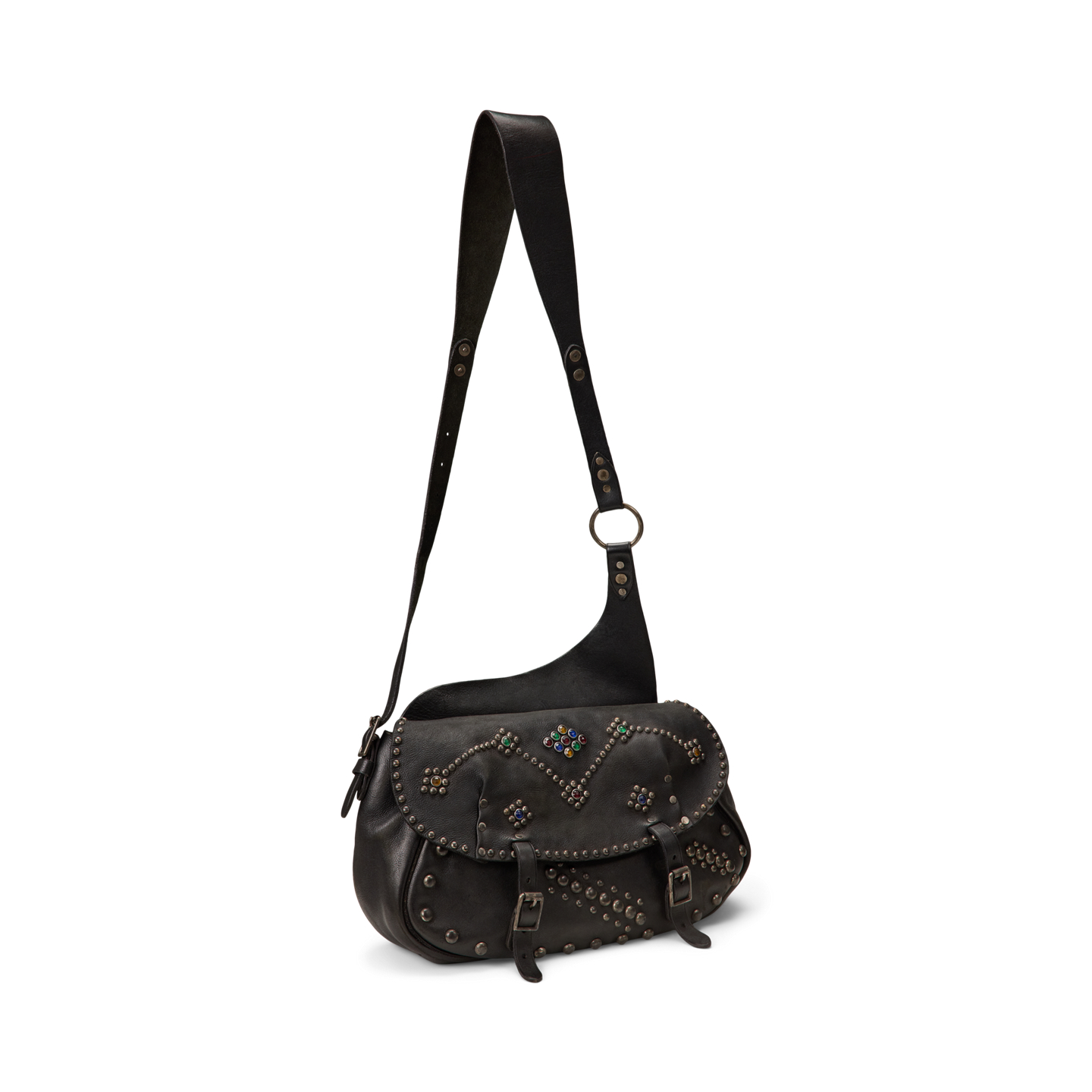 Мужская сумка Ralph Lauren Studded Leather Saddle, цвет: Чёрный / Серебряный — фото 1