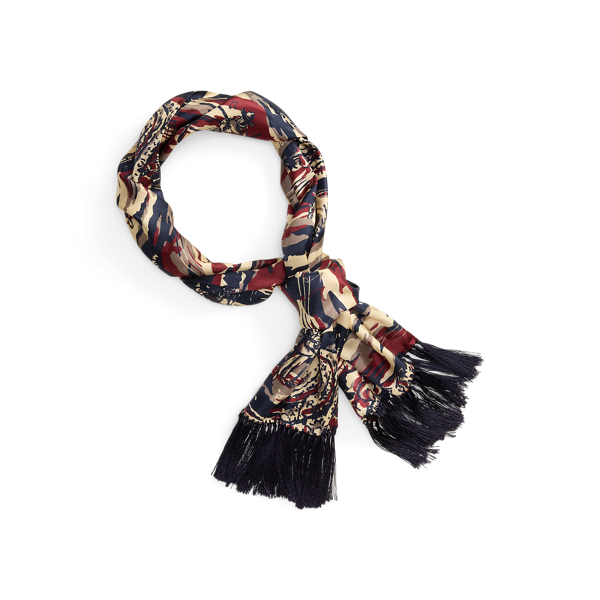 Tasseled Music-Print Silk Scarf
