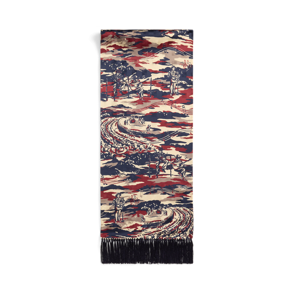 Tasseled Music-Print Silk Scarf
