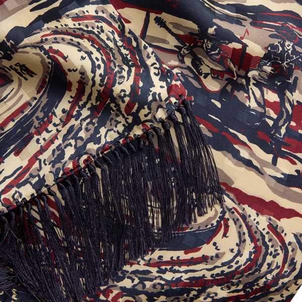 Tasseled Music-Print Silk Scarf
