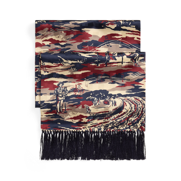 Tasseled Music-Print Silk Scarf