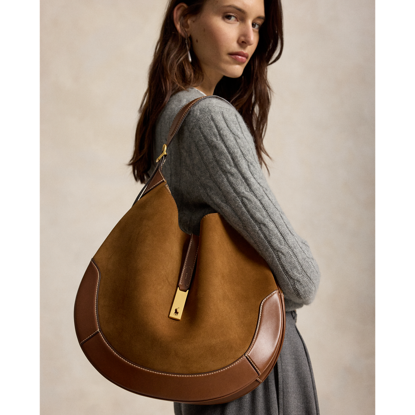 Женская сумка Ralph Lauren Polo ID Suede-Leather Large Shoulder, цвет: Коричный — фото 4