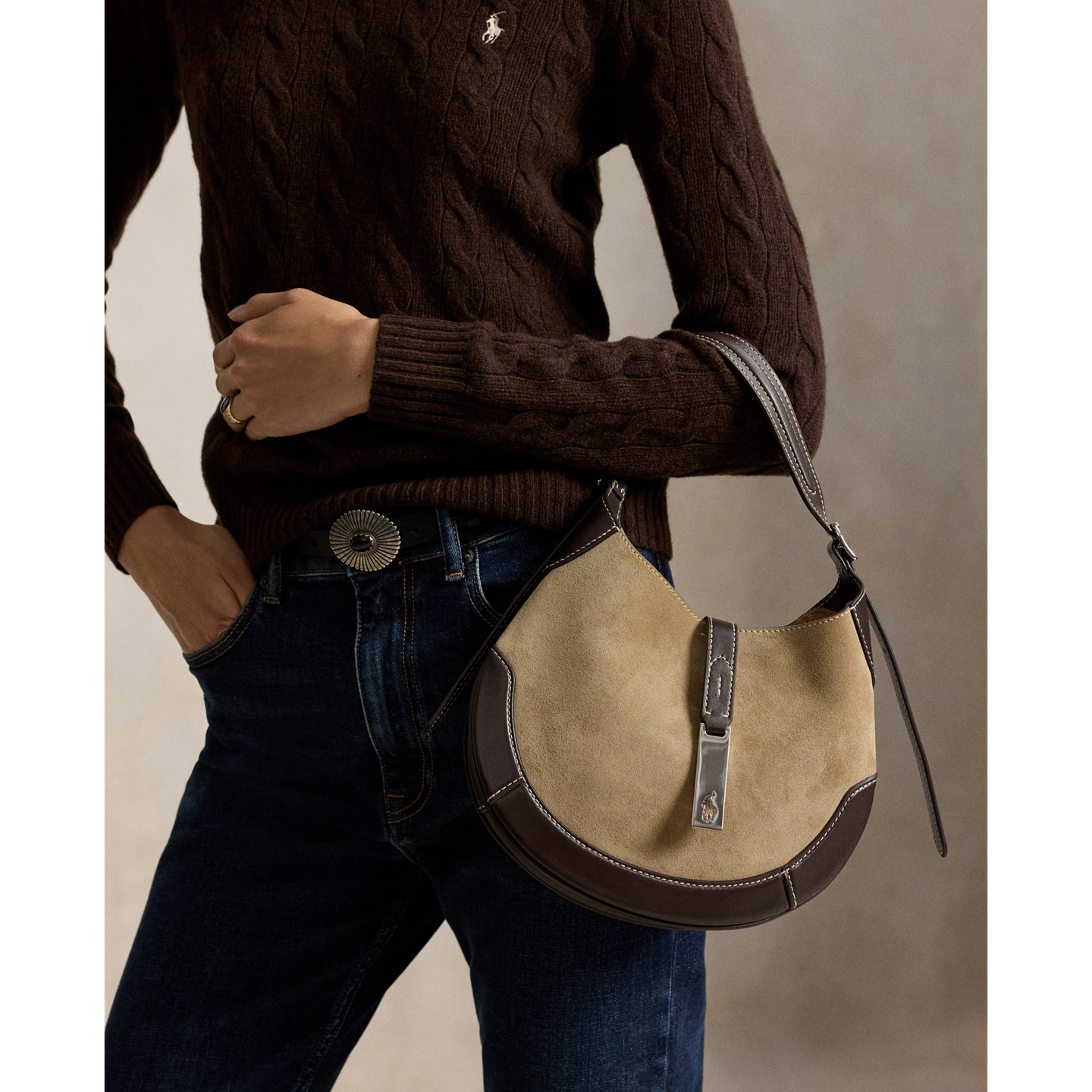 Женская сумка Ralph Lauren Polo ID Suede-Leather Small Shoulder, цвет: Глиняный / Табачный — фото 4
