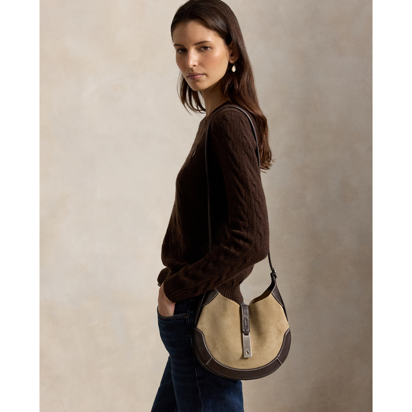 Женская сумка Ralph Lauren Polo ID Suede-Leather Small Shoulder, цвет: Глиняный / Табачный — фото 5