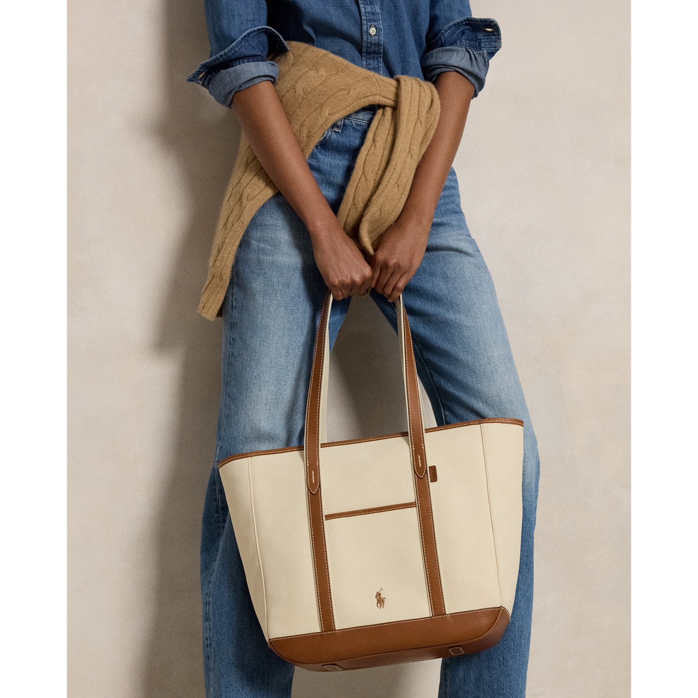 Женская сумка Ralph Lauren Leather-Trim Canvas Medium Shopper Tote, цвет: Экрю — фото 5
