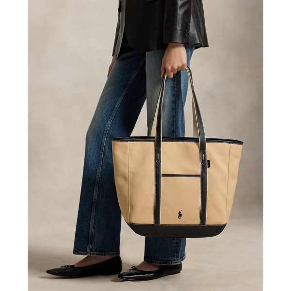 Cabas moyen en toile bord&eacute;e de cuir