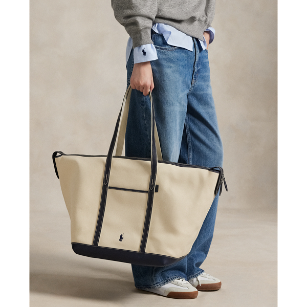 Leather-Trim Canvas Large Shopper Tote
