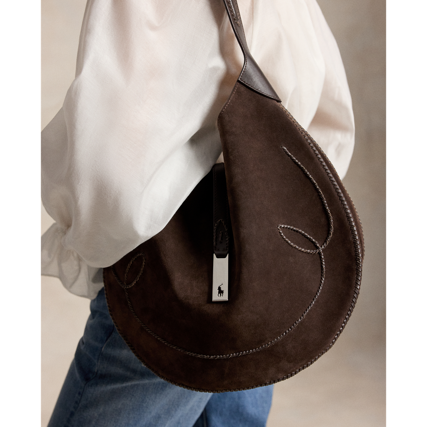 Женская сумка Ralph Lauren Polo ID Suede Western Large Shoulder, цвет: Шоколадный / Табачный — фото 6