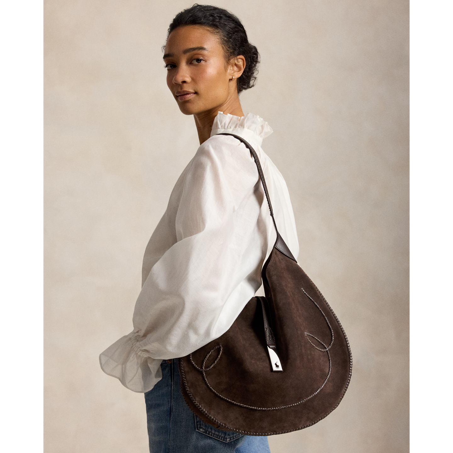 Женская сумка Ralph Lauren Polo ID Suede Western Large Shoulder, цвет: Шоколадный / Табачный — фото 5