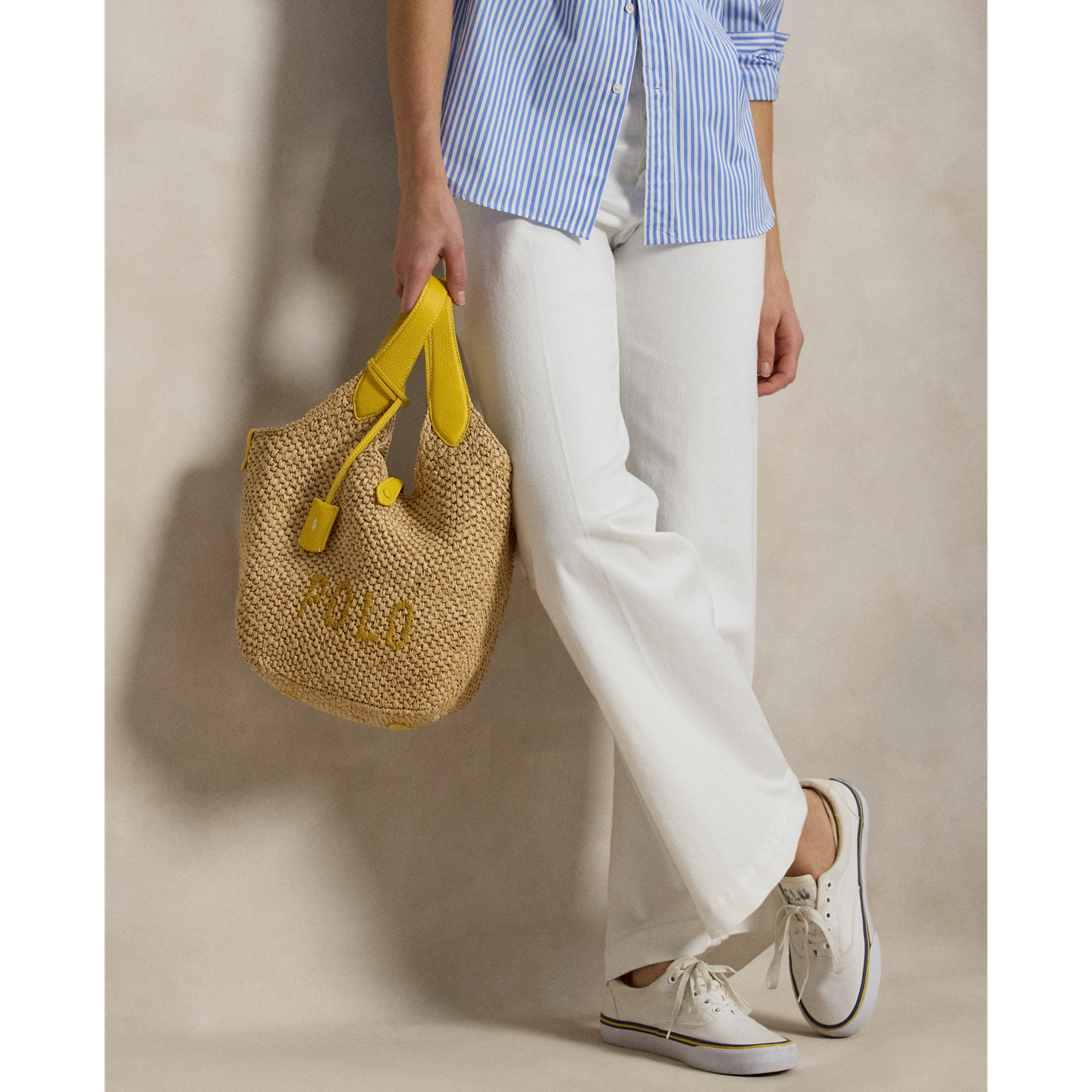 Женские сумки Ralph Lauren Polo Play Raffia-Leather Logo Tote, цвет: Натуральный / Жёлтый — фото 6