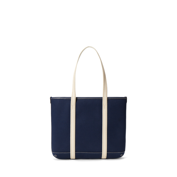 Navy / Ecru Leather-Trim Canvas Small Shopper Tote Polo Ralph Lauren 3