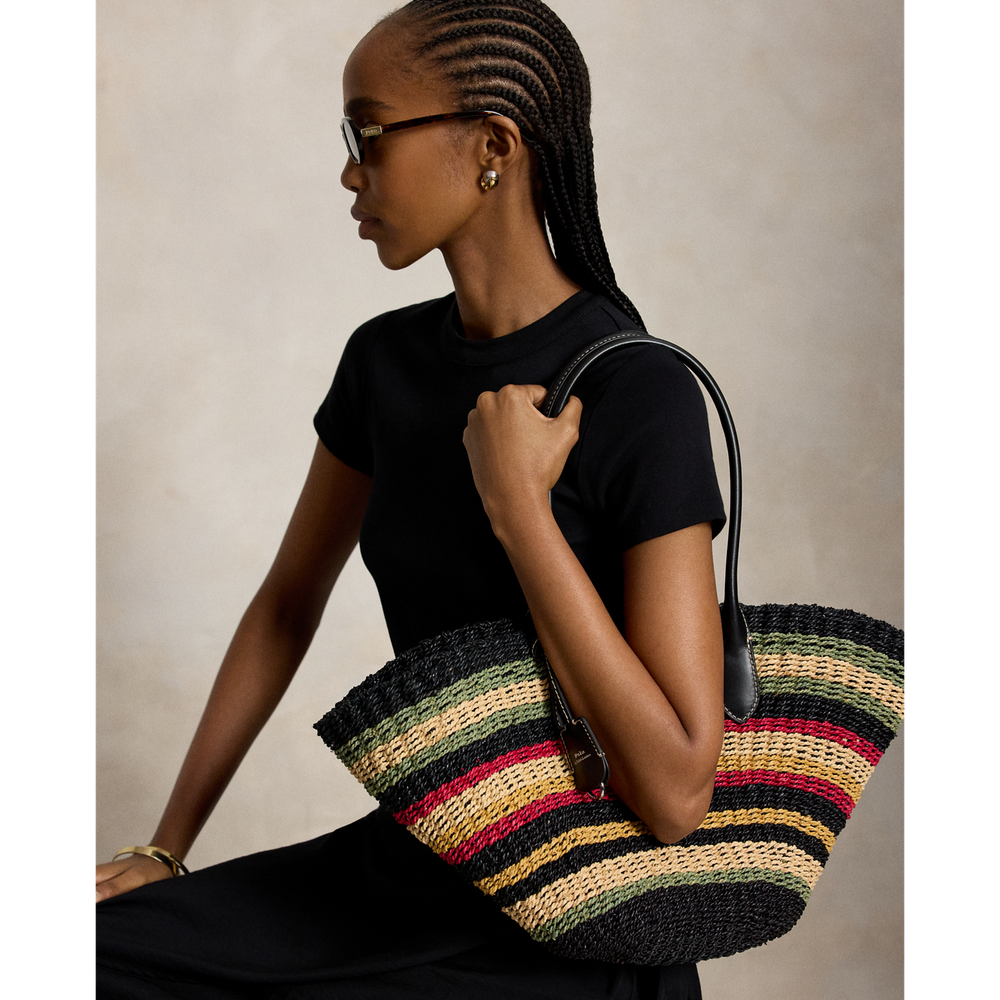 Женская сумка Ralph Lauren Bellport Striped Raffia Basket Tote, цвет: Разноцветный полосатый — фото 5