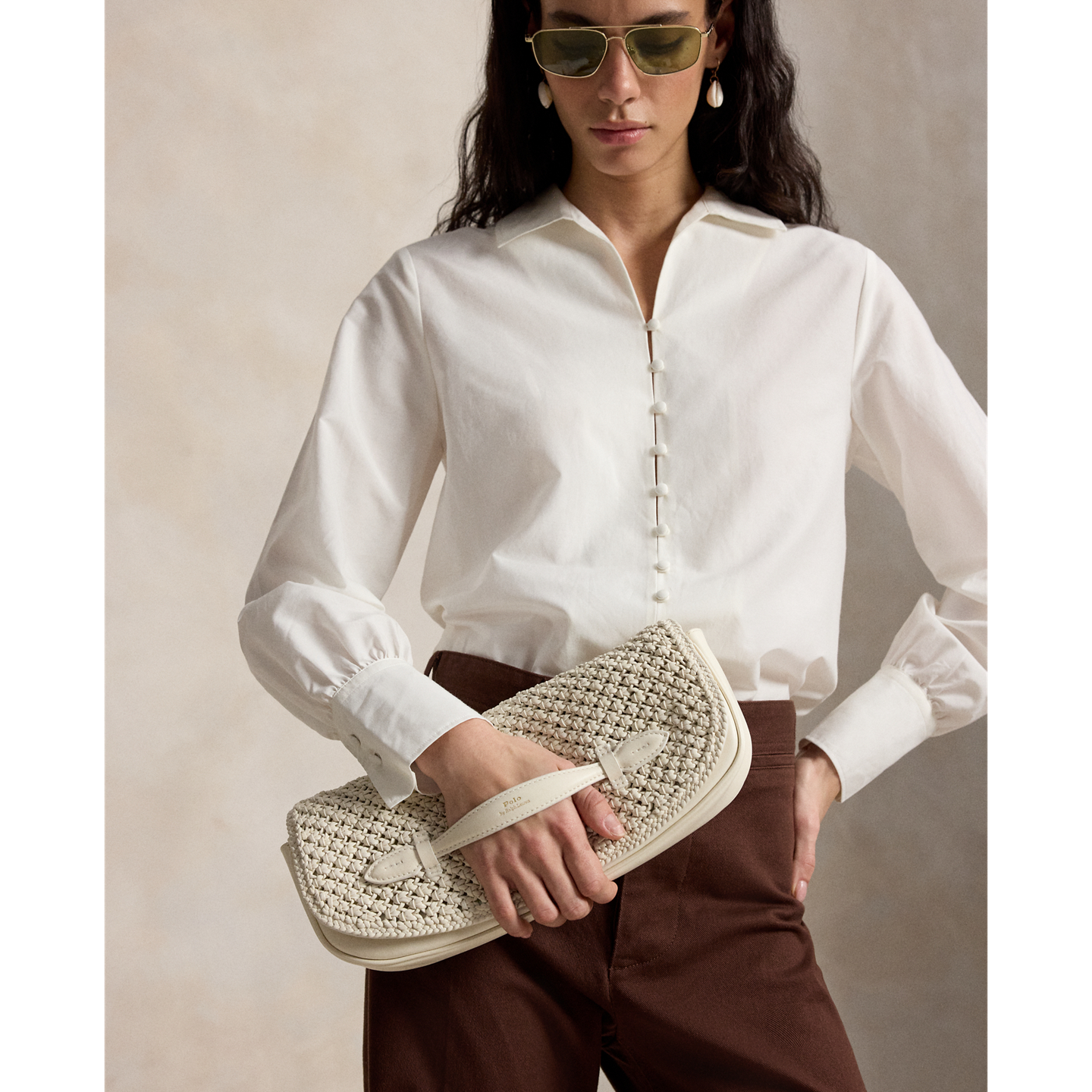 Женский клатч Ralph Lauren Bellport Woven Leather Long-Flap Clutch, цвет: Frosting — фото 6