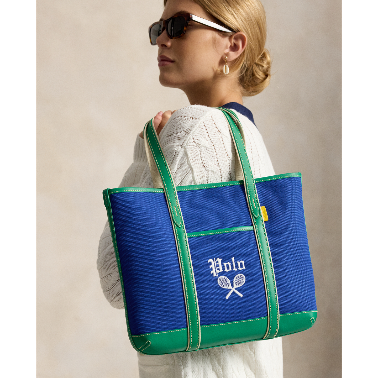 Женская сумка Ralph Lauren US Open Leather-Trim Canvas Tote, цвет: Кобальтовый / Зелёный — фото 5