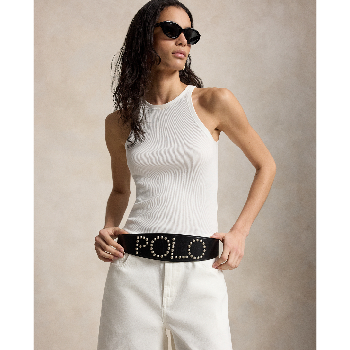 Женский ремень Ralph Lauren Studded Logo Leather Moto, цвет: Чёрный / Серебряный — фото 3