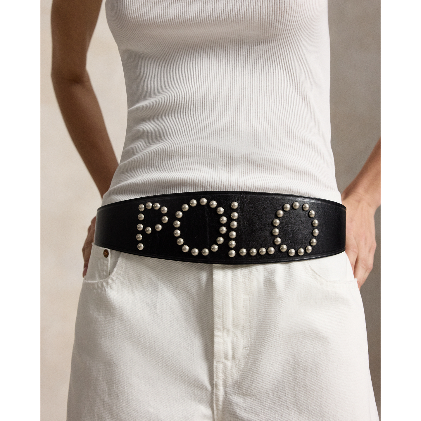 Женский ремень Ralph Lauren Studded Logo Leather Moto, цвет: Чёрный / Серебряный — фото 4
