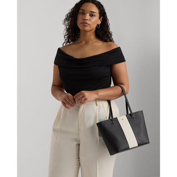 Black/Soft White Stripe Striped Leather Medium Karly Tote Bag Lauren 7