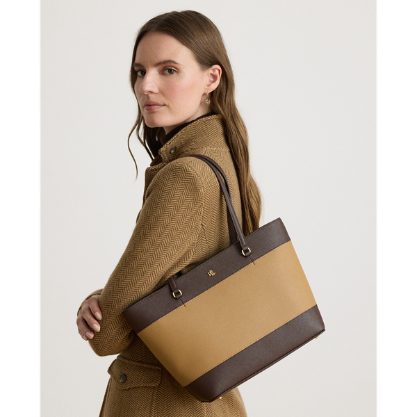 Camel/chestnut Brown Striped Leather Medium Karly Tote Bag Lauren 7