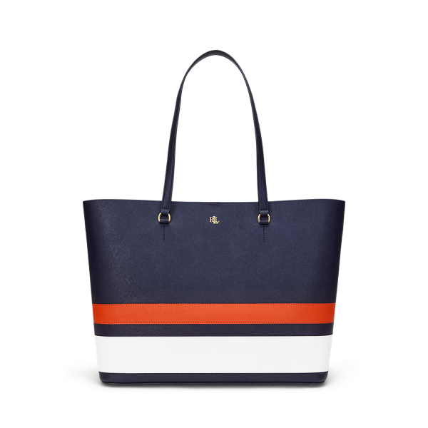 Refined Navy/Orange Lily Crosshatch Leather Large Karly Tote Bag Lauren 1