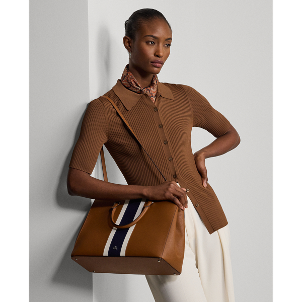 Tan/Soft White Multi Striped Leather Large Hanna Satchel Lauren 8