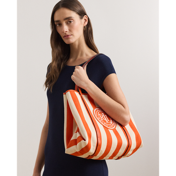 LAUREN RALPH LAUREN ☆ STRIPED HERRINGBONE LARGE EMERIE TOTE Striped Herringbone Large Emerie Tote