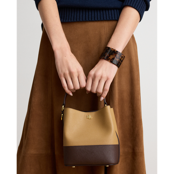 Camel/Chestnut Brown Two-Tone Leather Small Reese Bucket Bag Lauren 6